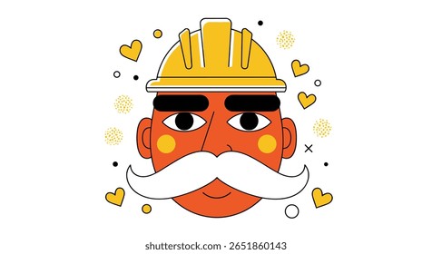 Um trabalhador de construção alegre com um grande bigode e um chapéu duro comemorando