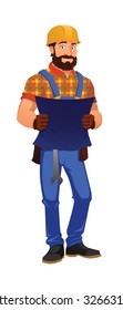 Cheerful construction worker with hard hat and striped shirt with a spanner, holding a blueprint