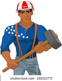 Cheerful construction worker holds hammer