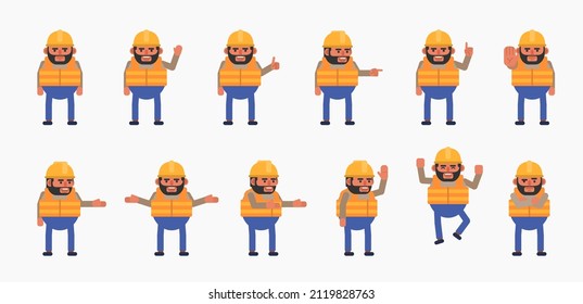 Alegre trabajador de la construcción mostrando diversos gestos a mano. Generador con sombreros duros apuntando, saludando, mostrando el pulgar hacia arriba y otros gestos de mano. Ilustración vectorial moderna