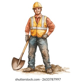 A cheerful construction worker, wearing a yellow safety vest and hard hat, stands holding a shovel. His clothes are visibly soiled with dirt, suggesting recent work outdoors.