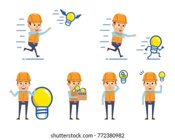 Cheerful construction workers posing with idea light bulb. Funny worker holding box full of idea light bulbs, running and showing other actions. Flat style vector illustration