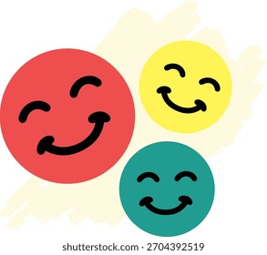 Cheerful and content emoji faces, fun colorful flat design icon set expressing happiness.