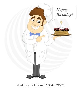 Cheerful cook with a cake congratulates on his birthday