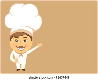 cheerful cook chowing thumb up on card on brown background