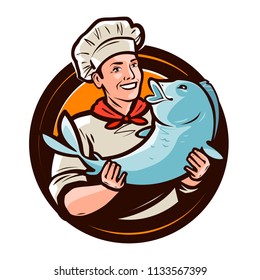 Cheerful cook with fish. Seafood, food logo or label. Cartoon vector illustration