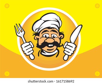Cheerful cook with fork and knife