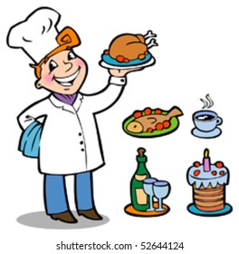 The cheerful cook holding on a tray different kinds of dishes