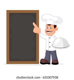 Cheerful cook holds a dish a vector illustration.