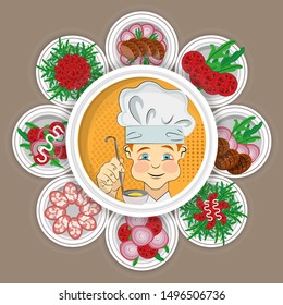 Cheerful cook with ladle surrounded by delicious appetizers in plates. Vector illustration