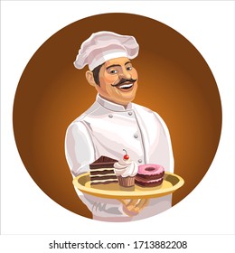 Cheerful cook with a mustache in a cap and with a tray. On a tray are cakes and sweets. Isolated. Vector illustration
