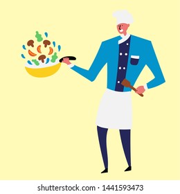 Cheerful cook preparing vegetables in a pan. Healthy food. Vector editable file eps 10