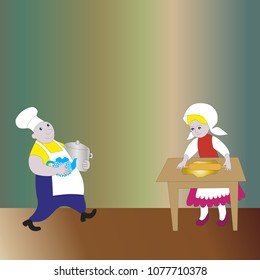 Cheerful cook and woman mistress prepare breakfast.