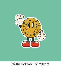 A cheerful cookie character with arms and legs, wearing red shoes and giving a thumbs up. Perfect for fun, playful designs related to food, snacks, and bakery.