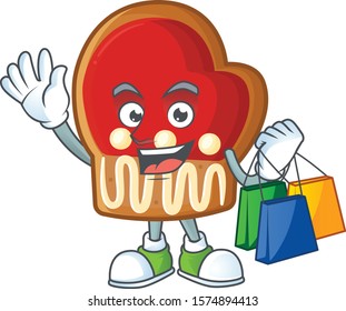 Cheerful cookies cartoon character waving and holding Shopping bags