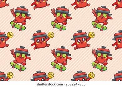 cheerful cooking pot character seamless pattern illustration background