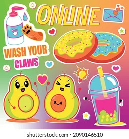 Cheerful, cool, neon set, collection of cartoon stickers of cake, avocado characters, comic cocktail, cat's paw, letter. Stylish, trendy, youthful background with cute applications on bright gradient.