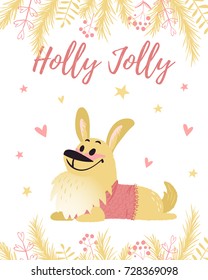 Cheerful corgi dog in jumper wishes holly jolly. Adorable christmas card with new year symbol. 