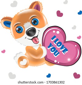 Cheerful corgi puppy holding a heart in its paws. Smiling Corgi for a gift card. The inscription on the heart, I love you.