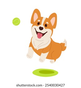 Cachorro de corgi alegre salta después de la pelota. Divertido juego. Perro purasangre aislado en blanco. Carácter de cachorro con expresión de cara alegre. Perro en el césped verde. Mascota, animal doméstico. Ilustración vectorial plana