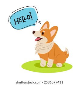 Cachorro de corgi alegre y nube pensante de texto Hola. Alegre cachorro saluda. Perro purasangre aislado en blanco. Carácter de cachorro con expresión de cara alegre. Animal doméstico. Ilustración vectorial plana