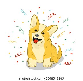 Um corgi alegre rodeado por confetes festivos, simbolizando alegria e felicidade.