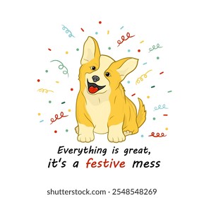 A cheerful corgi surrounded by festive confetti, symbolizing joy and happiness.