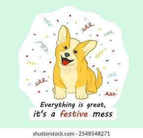 A cheerful corgi surrounded by festive confetti, symbolizing joy and happiness.