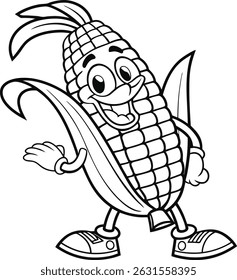 A cheerful corn cob character wearing shoes and sporting a big grin, perfect for coloring pages.