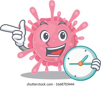 Cheerful corona virus germ cartoon character style with clock