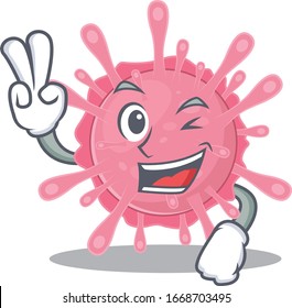 Cheerful corona virus germ mascot design with two fingers