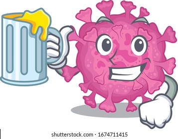 Cheerful corona virus organic mascot design with a glass of beer