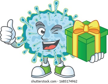 Cheerful coronavirus illness cartoon character holding a gift box