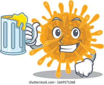 Cheerful coronavirus mascot design with a glass of beer