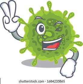 Cheerful coronavirus mascot design with two fingers