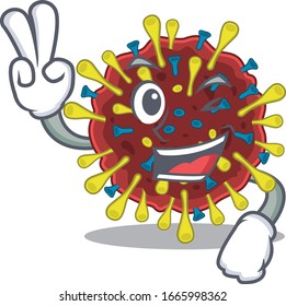 Cheerful coronavirus molecule mascot design with two fingers