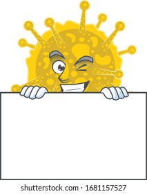 Cheerful coronavirus pandemic cartoon character has a board