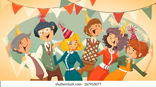 Cheerful corporate party. A good company cheerful people, hugs and songs in chorus. In the center a woman with a glass.