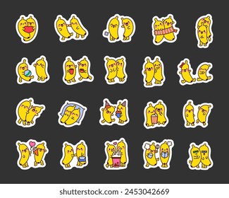 Cheerful couple of banana characters. Sticker Bookmark. Funny fruit heroes. Hand drawn style. Vector drawing. Collection of design elements.