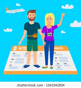 Cheerful Couple of Bearded Man and Blonde Woman with Photo Camera Stand on Huge Airplane Ticket Waving Hand on Blue Background with Flying Aircraft. Cartoon Flat Vector Illustration. Horizontal Banner