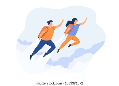 Cheerful couple boosting with jet pack isolated flat vector illustration. Cartoon business cha racters flying up with rocket on back. Career fast growth, startup and energy concept