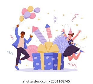 Pareja alegre que celebra la fiesta de cumpleaños. Personajes felices con globos saltando cerca de la gran caja de regalos de cumpleaños Ilustración vectorial plana. Concepto de celebración de fiesta de cumpleaños