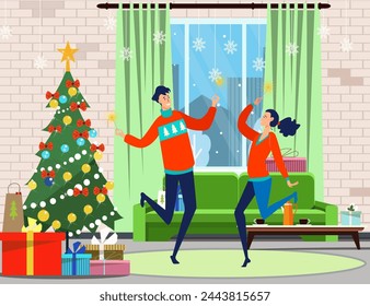 Cheerful couple celebrating Xmas in living room. Man and woman with sparklers dancing vector illustration. Christmas tree, presents and fireplace on background. New Year, Xmas, party, holiday concept