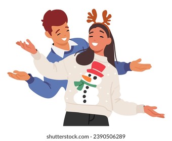 Cheerful Couple Characters In Cozy Christmas Sweaters, Adorned With Vibrant Patterns And Holiday Motifs, Share Warm Smiles Amid Festive Decorations. Cartoon People Vector Illustration