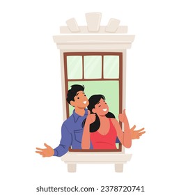 Cheerful Couple Characters Gaze Through The Window, Their Smiles Radiating Warmth And Happiness, Sharing A Moment Of Love And Connection. Neighbors Man and Woman. Cartoon People Vector Illustration