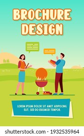 Cheerful couple cooking barbeque on nature and talking. BBQ, meal, picnic flat vector illustration. Summer activity and communication concept for banner, website design or landing web page