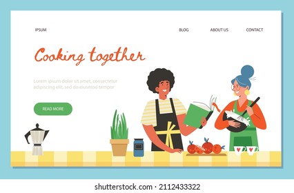 Cheerful couple cooks food together, landing page template - flat vector illustration. Happy cartoon characters read recipe book and mix ingredients in the bowl. Family spend time together web banner.