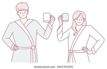 A cheerful couple dressed in matching cozy robes is joyfully raising their mugs for a delightful moment together