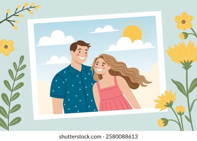 Cheerful couple enjoying sunny outdoor moment with flowers, smiling together in a colorful illustration