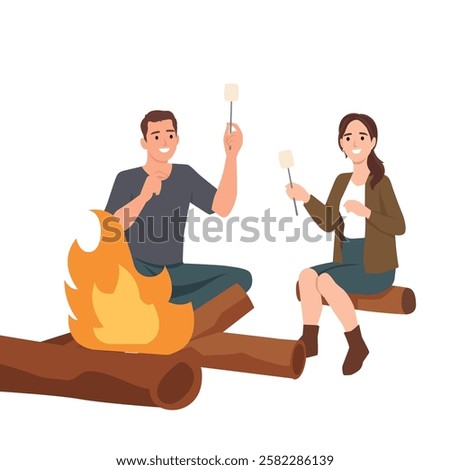 Cheerful couple enjoys roasting marshmallows over a warm campfire. Flat vector illustration isolated on white background